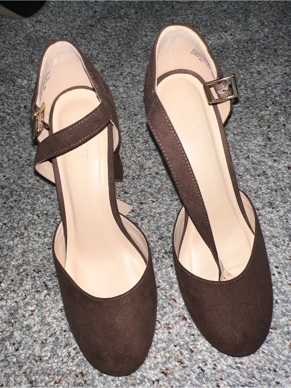 LOFT Dark Brown Suede Cross-Strap Block Heels